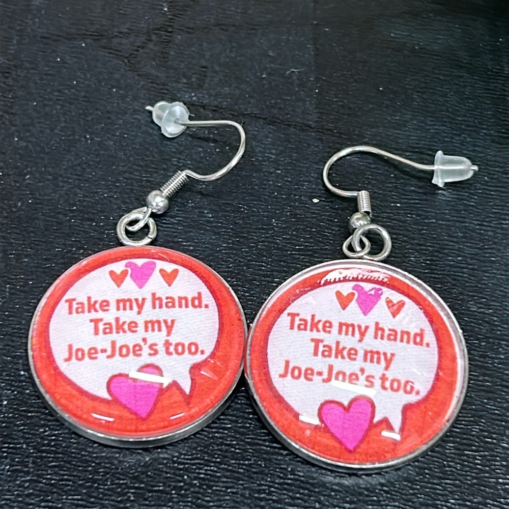Trader Joe’s earrings 25mm take my hand. Take my Joe-Joe’s too.